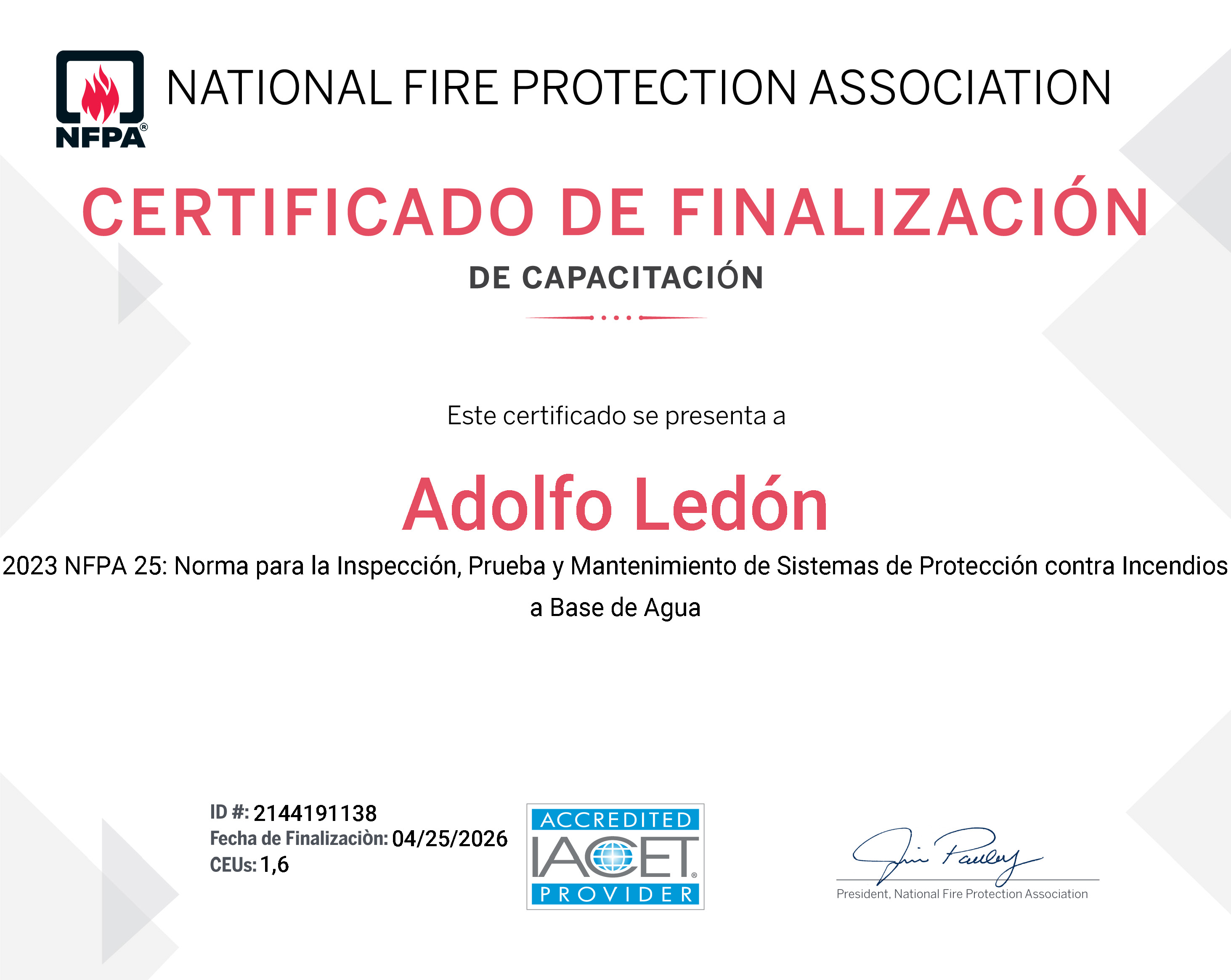 Certificado NFPA